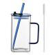 1 Pcs Blue Glass Straw Cup, 4 Colors Square Glass Cup With Straw And Lid, High Borosilicate Glass Cup, Milk Cup, Juice Cup, Cold Drink Cup, Coffee Cup, Tea Cup, Office Cup, Gift Cup