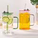 1 Pcs Blue Glass Straw Cup, 4 Colors Square Glass Cup With Straw And Lid, High Borosilicate Glass Cup, Milk Cup, Juice Cup, Cold Drink Cup, Coffee Cup, Tea Cup, Office Cup, Gift Cup