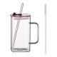 1 Pcs Pink Glass Straw Cup, 4 Colors Square Glass Cup With Straw And Lid, High Borosilicate Glass Cup, Milk Cup, Juice Cup, Cold Drink Cup, Coffee Cup, Tea Cup, Office Cup, Gift Cup
