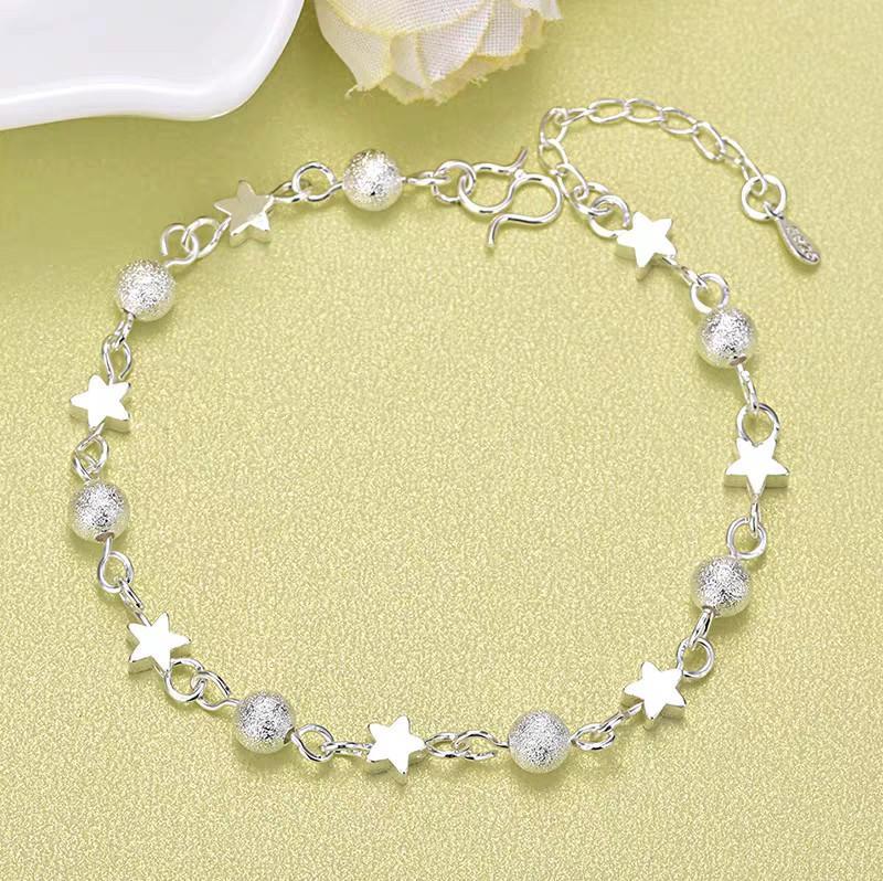 1pc 999 Sterling Silver Star & Frosted Bead Bracelet, Sweet Minimalist Style, Perfect For Daily Wear And Valentines Gift