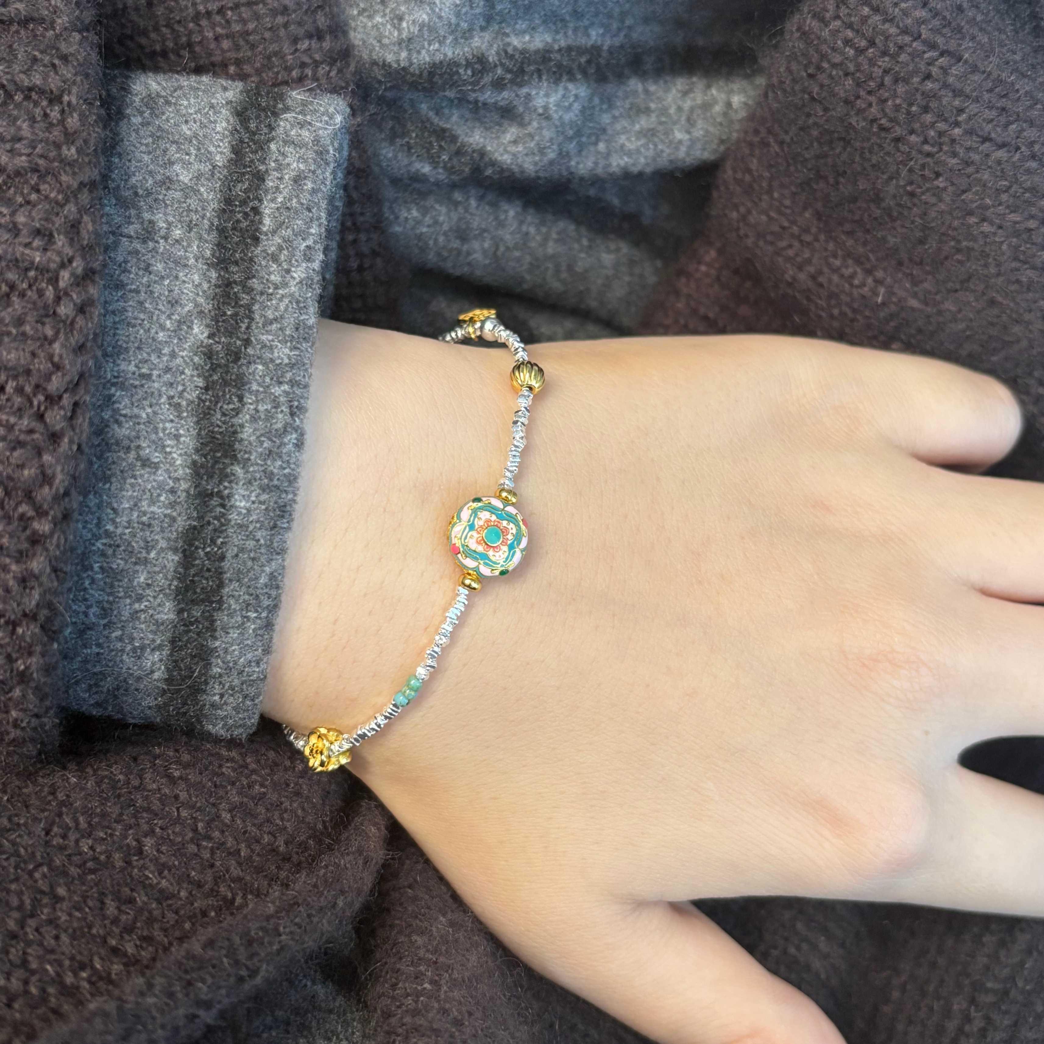 1pc 999 Sterling Silver Enamel Charm Bracelet, Chinese Style, Perfect For Daily Wear And Valentines Gift