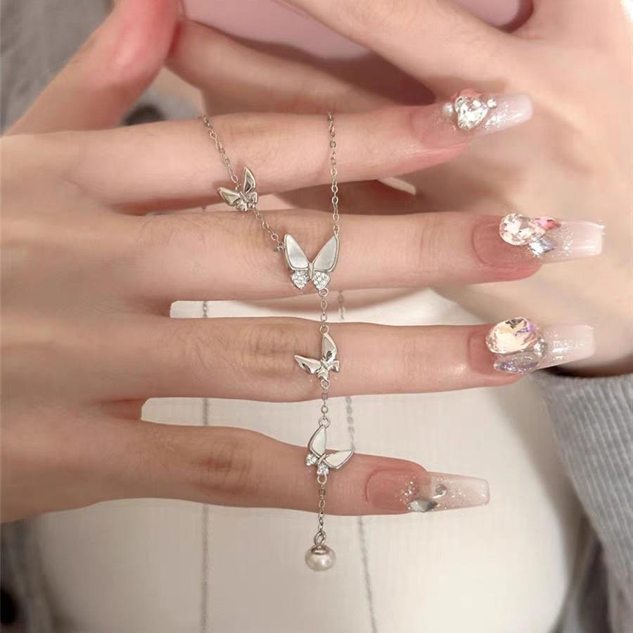 1pc 999 Sterling Silver Mother Of Pearl Butterfly Tassel Pearl Necklace, Luxurious Sweet Style, Perfect For Daily Wear & Valentines Gifts