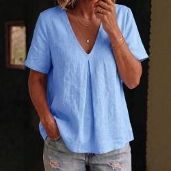 Womens Solid-Color Pleated Cotton-Linen Short-Sleeve Shirt T-Shirt