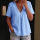 Womens Solid-Color Pleated Cotton-Linen Short-Sleeve Shirt T-Shirt