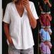 Womens Solid-Color Pleated Cotton-Linen Short-Sleeve Shirt T-Shirt