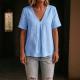 Womens Solid-Color Pleated Cotton-Linen Short-Sleeve Shirt T-Shirt