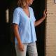 Womens Solid-Color Pleated Cotton-Linen Short-Sleeve Shirt T-Shirt