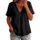Womens Solid-Color Pleated Cotton-Linen Short-Sleeve Shirt T-Shirt