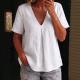 Womens Solid-Color Pleated Cotton-Linen Short-Sleeve Shirt T-Shirt