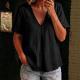 Womens Solid-Color Pleated Cotton-Linen Short-Sleeve Shirt T-Shirt