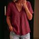 Womens Solid-Color Pleated Cotton-Linen Short-Sleeve Shirt T-Shirt