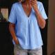 Womens Solid-Color Pleated Cotton-Linen Short-Sleeve Shirt T-Shirt