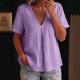 Womens Solid-Color Pleated Cotton-Linen Short-Sleeve Shirt T-Shirt