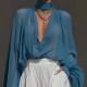 Loose-fit Plus-size Long-sleeve Shirt With A Deep V-neck And Puff Sleeves