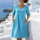Cotton-linen Pleated-pocket Casual Loose-fit Round-neck Short-sleeve Dress