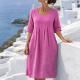 Cotton-linen Pleated-pocket Casual Loose-fit Round-neck Short-sleeve Dress