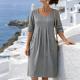 Cotton-linen Pleated-pocket Casual Loose-fit Round-neck Short-sleeve Dress