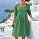 Cotton-linen Pleated-pocket Casual Loose-fit Round-neck Short-sleeve Dress