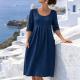 Cotton-linen Pleated-pocket Casual Loose-fit Round-neck Short-sleeve Dress
