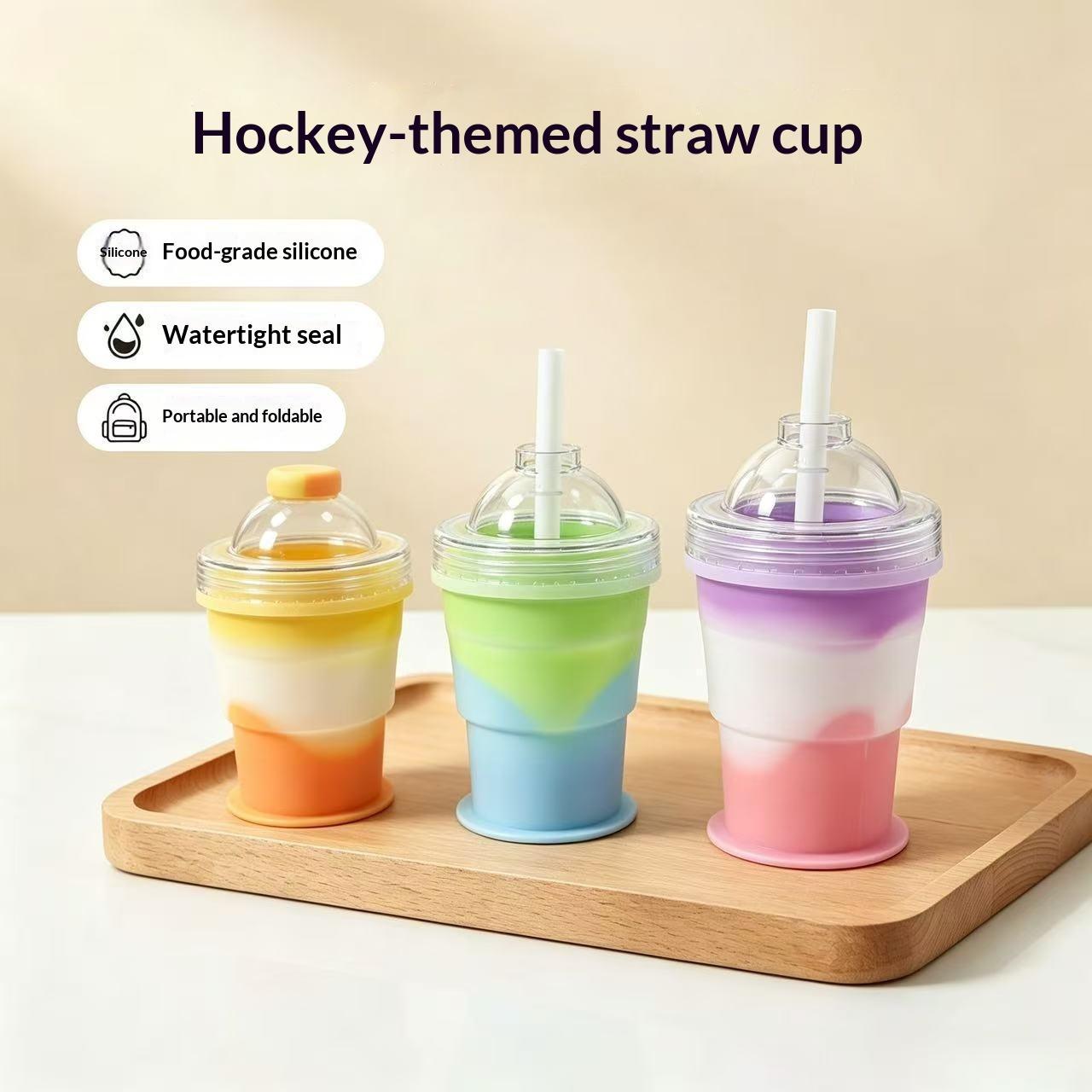 Portable Folding Silicone Ice Hockey Cup With Straw