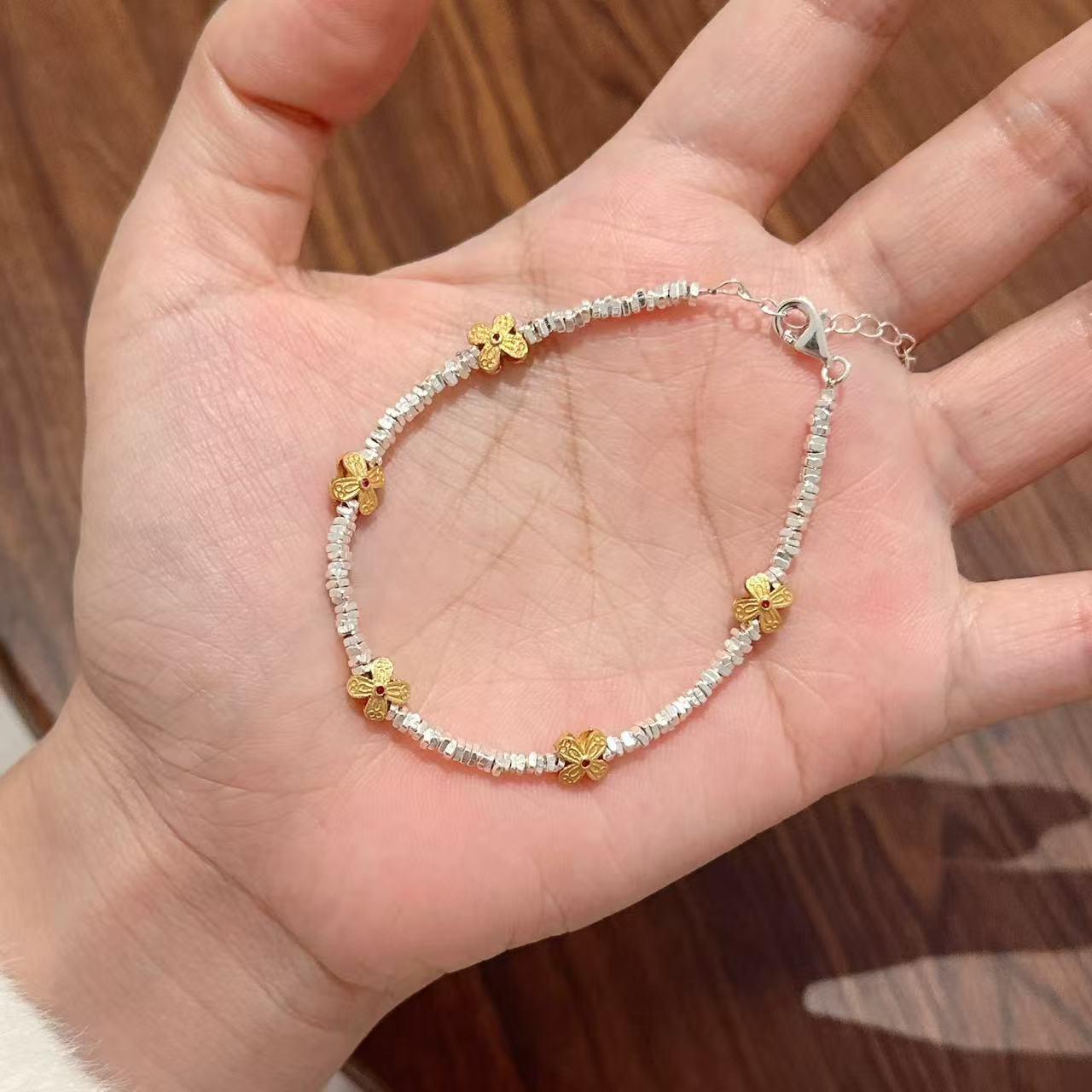 1pc 999 Sterling Silver Gold Flower Charm Bracelet, Chinese Style, Perfect For Daily Wear And Valentines Gift