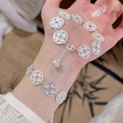 1pc 999 Sterling Silver Hollow Filigree Round Charm Bracelet, Retro Chinese Style, Perfect For Daily Wear, Parties & Valentines Gifts