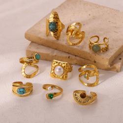 Retro Luxury Natural Stone Inlaid Ring 18K Gold Plated French Vintage Stainless Steel Jewelry