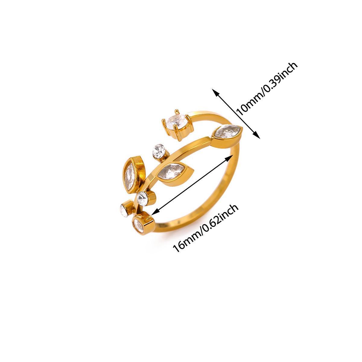 Micro-inlaid Ring, Light Luxury Elegant Minimalist Stainless Steel Leaf Open Ring, Irregular Geometric 18K Gold Plated
