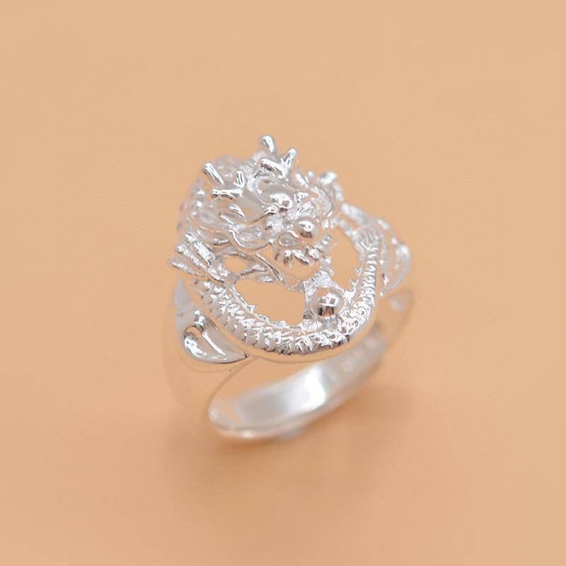 1pcs 990 Sterling Silver 3D Dragon Head Open Ring, Bold Masculine Style, For Daily Wear & Streetwear Outfits