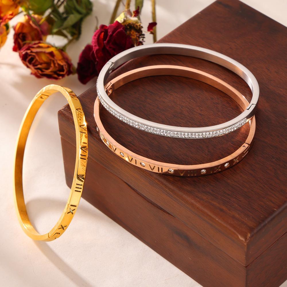 Retro Minority Unique Simple Jewelry Carved Roman Digital Design Diamond-embedded Titanium Steel Gold-plated Bracelet