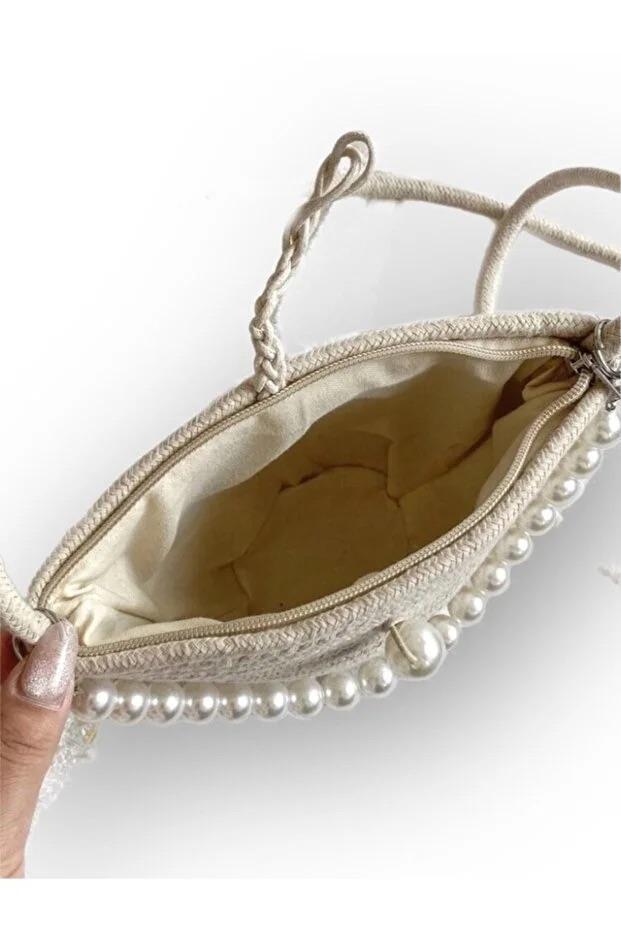 Women White Shoulder Bag With Pearl Design Elegant Baguette Handbag