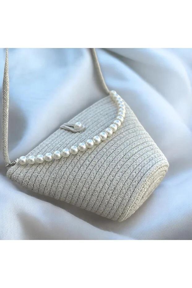 Women Beige Pearl Design Classic Shoulder Bag Elegant Daily Handbag