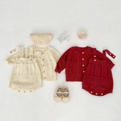 Infant Womens Sweater Hand-hook Bubble Ball Knitted Romper And Coat Two-piece Set