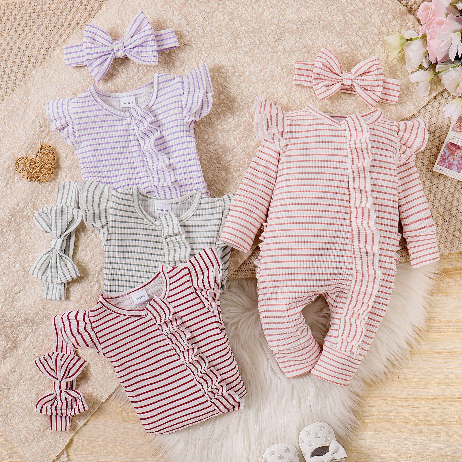 Girls Suit Ruffled Striped Long-sleeved One-piece Trousers