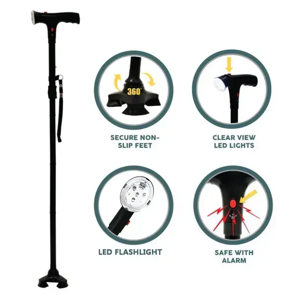 Gehstock Mit LED Licht Und Alarm Verstellbare Armlehne Cane Klappstock Gehhilfe