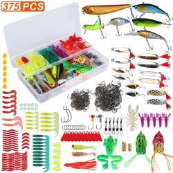 375Pcs Fishing Baits And Tackle Box Saltwater Freshwater Fishing Lures Kit Lifelike Popper Crankbaits Crickets Frogs Spoon Lures Maggots