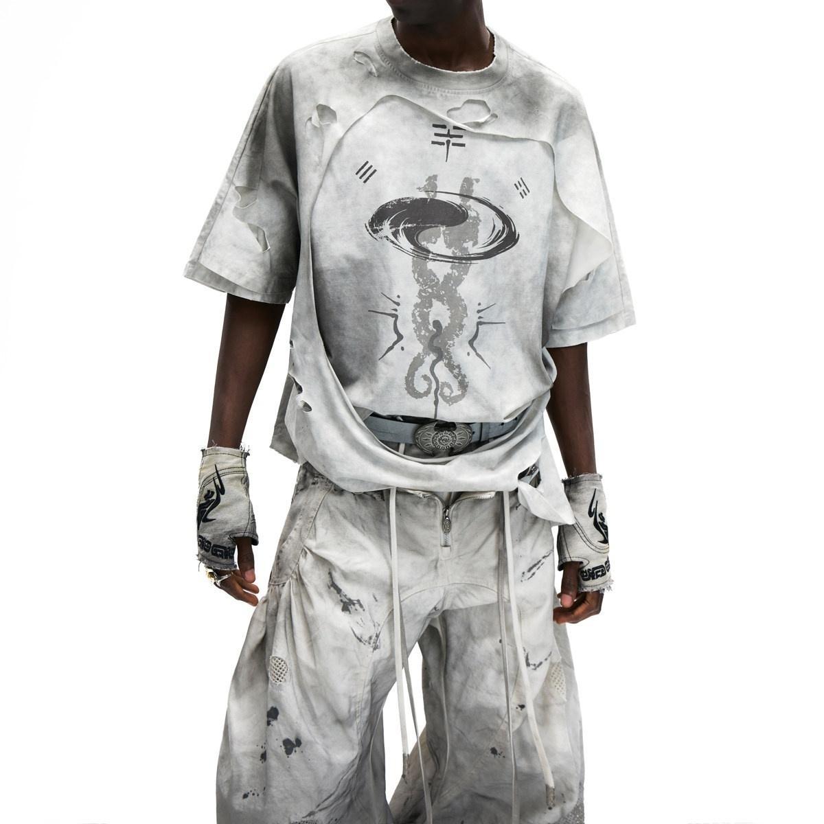Asymmetric Distressed Loose Short-Sleeve T-Shirt