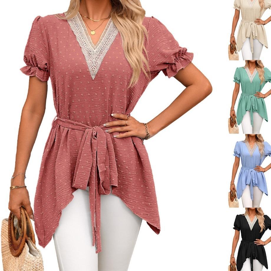 Womens V-Neck Loose Lace-Up Chiffon Top
