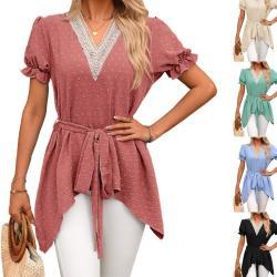 Womens V-Neck Loose Lace-Up Chiffon Top