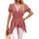 Womens V-Neck Loose Lace-Up Chiffon Top