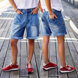 Mid-rise Bermuda Straight-leg Pants Stretchy Womens Denim Shorts