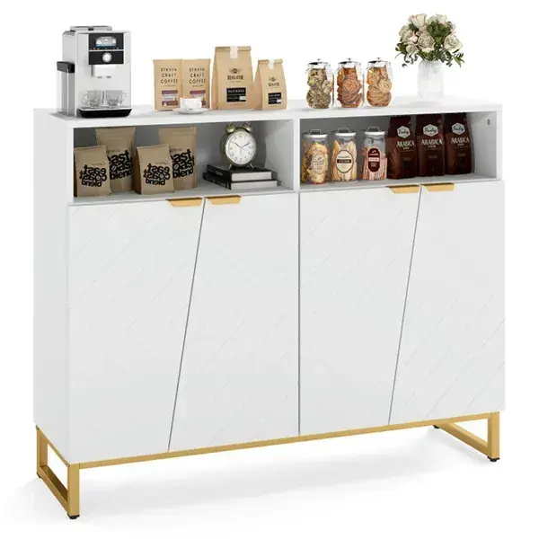 White Modern Sideboard With Irregular Doors & Golden Handles, 2 Open Shelves & Double 2-Door Cabinets