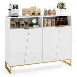 White Modern Sideboard With Irregular Doors & Golden Handles, 2 Open Shelves & Double 2-Door Cabinets