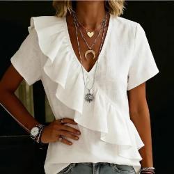 V-Neck Ruffle Trim Fashionable Womens Short-Sleeve Top