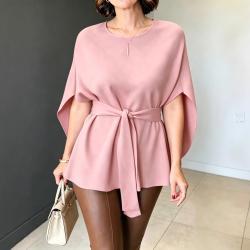 Womens Fashionable Defined-Waist Batwing-Sleeve Lace-Up Slimming Commuter Top