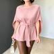 Womens Fashionable Defined-Waist Batwing-Sleeve Lace-Up Slimming Commuter Top