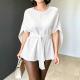 Womens Fashionable Defined-Waist Batwing-Sleeve Lace-Up Slimming Commuter Top