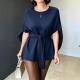 Womens Fashionable Defined-Waist Batwing-Sleeve Lace-Up Slimming Commuter Top