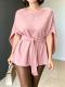 Womens Fashionable Defined-Waist Batwing-Sleeve Lace-Up Slimming Commuter Top