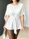 Womens Fashionable Defined-Waist Batwing-Sleeve Lace-Up Slimming Commuter Top